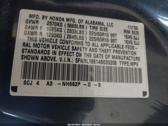 46115933 :رقم المزاد ، 5FNRL18614B035358 vin ، 2004 Honda Odyssey Ex مزاد بيع