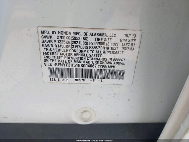 46115936 :رقم المزاد ، 5FNYF3H51EB004067 vin ، 2014 Honda Pilot Ex-l مزاد بيع