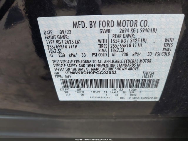 2023 Ford Explorer Xlt მანქანა იყიდება აუქციონზე, vin: 1FMSK8DH9PGC02933, აუქციონის ნომერი: 46115948