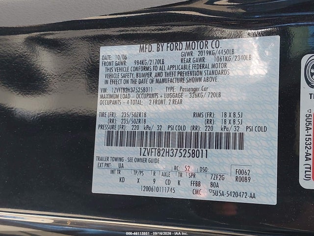 2007 Ford Mustang Gt Deluxe/gt Premium მანქანა იყიდება აუქციონზე, vin: 1ZVFT82H375258011, აუქციონის ნომერი: 46115951