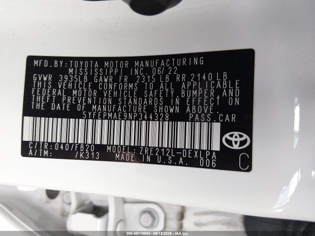 Toyota COROLLA LE 2022 5YFEPMAE9NP344328 Image 9