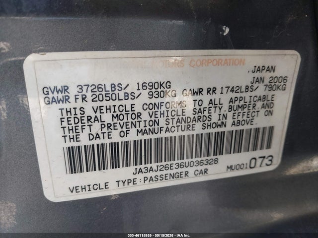 46115959 :رقم المزاد ، JA3AJ26E36U036328 vin ، 2006 Mitsubishi Lancer Es/se مزاد بيع