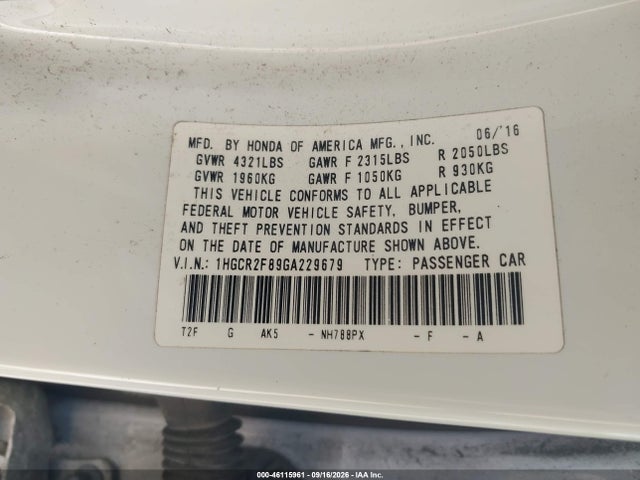 46115961 :رقم المزاد ، 1HGCR2F89GA229679 vin ، 2016 Honda Accord Ex-l مزاد بيع