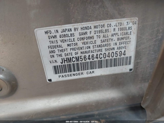 Продаж на аукціоні авто 2004 Honda Accord 2.4 Lx, vin: JHMCM56464C040594, номер лоту: 46115964