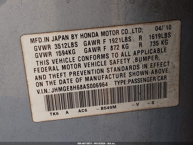 2010 Honda Fit Sport მანქანა იყიდება აუქციონზე, vin: JHMGE8H68AS006964, აუქციონის ნომერი: 46115973