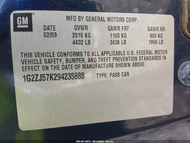 2009 Pontiac G6 New Se მანქანა იყიდება აუქციონზე, vin: 1G2ZJ57K294235888, აუქციონის ნომერი: 46115976