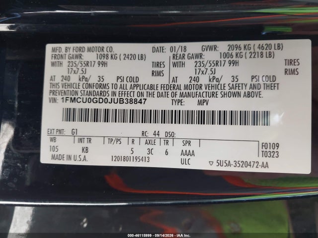 46115999 :رقم المزاد ، 1FMCU0GD0JUB38847 vin ، 2018 Ford Escape Se مزاد بيع