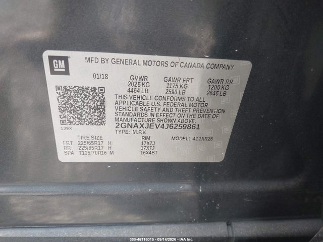 Продажа на аукционе авто 2018 Chevrolet Equinox Lt, vin: 2GNAXJEV4J6259861, номер лота: 46116015