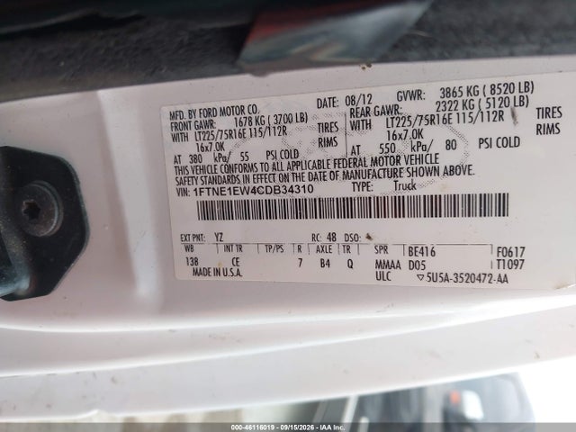 2012 Ford E-150 Commercial მანქანა იყიდება აუქციონზე, vin: 1FTNE1EW4CDB34310, აუქციონის ნომერი: 46116019