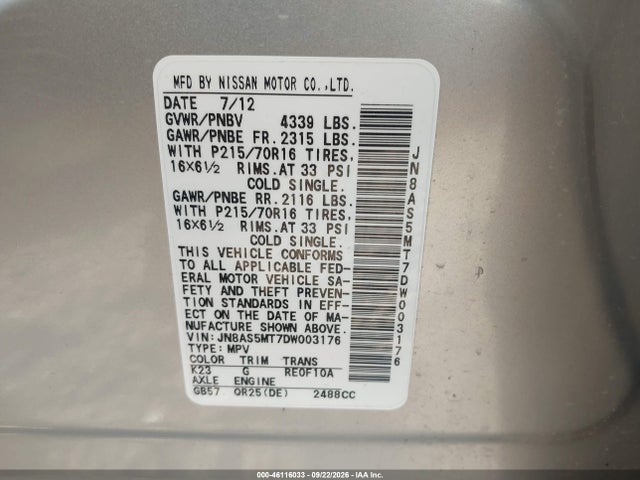 46116033 :رقم المزاد ، JN8AS5MT7DW003176 vin ، 2013 Nissan Rogue S مزاد بيع