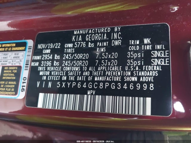 46116038 :رقم المزاد ، 5XYP64GC8PG346998 vin ، 2023 Kia Telluride S مزاد بيع
