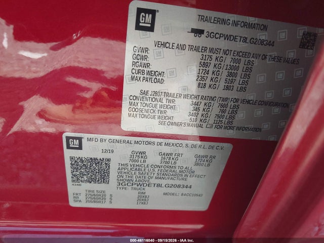 46116040 :رقم المزاد ، 3GCPWDET8LG208344 vin ، 2020 Chevrolet Silverado 1500 2wd  Short Bed Rst مزاد بيع
