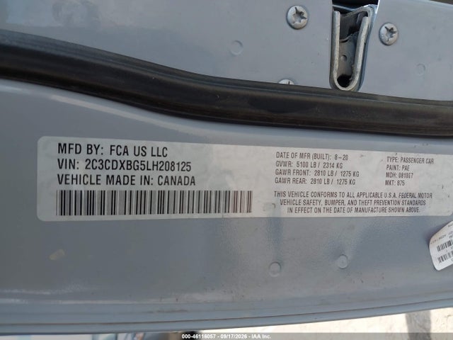 Продаж на аукціоні авто 2020 Dodge Charger Sxt Rwd, vin: 2C3CDXBG5LH208125, номер лоту: 46116057