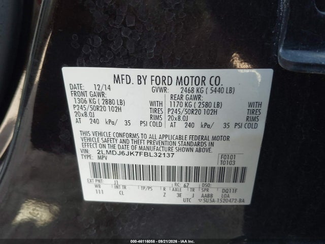 Aukcja sprzedaży 2015 Lincoln Mkx, vin: 2LMDJ6JK7FBL32137, numer aukcji: 46116058