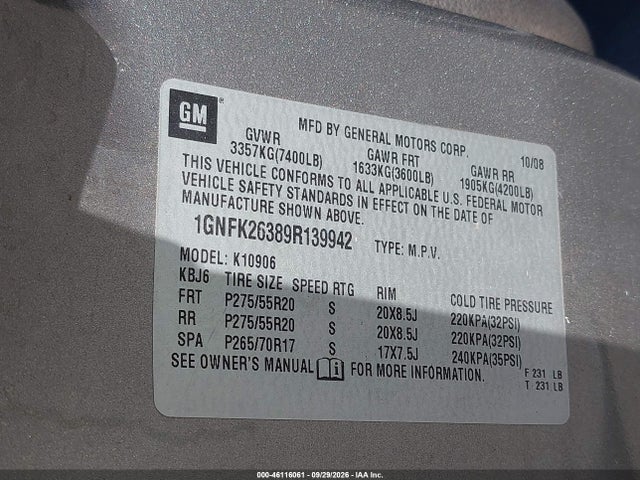 Aukcja sprzedaży 2009 Chevrolet Suburban 1500 Lt1, vin: 1GNFK26389R139942, numer aukcji: 46116061