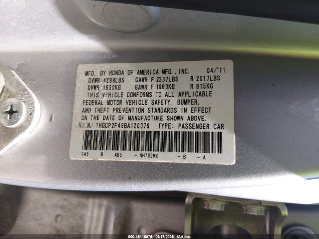 Aukcja sprzedaży 2011 Honda Accord 2.4 Lx-p, vin: 1HGCP2F45BA120079, numer aukcji: 46116076