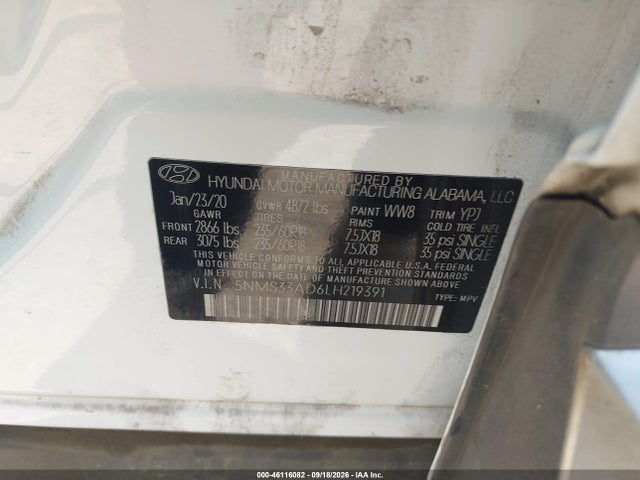 Продаж на аукціоні авто 2020 Hyundai Santa Fe Sel, vin: 5NMS33AD6LH219391, номер лоту: 46116082