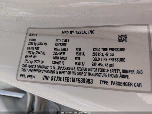 Продаж на аукціоні авто 2021 Tesla Model 3 Long Range Dual Motor All-wheel Drive, vin: 5YJ3E1EB1MF938983, номер лоту: 46116086