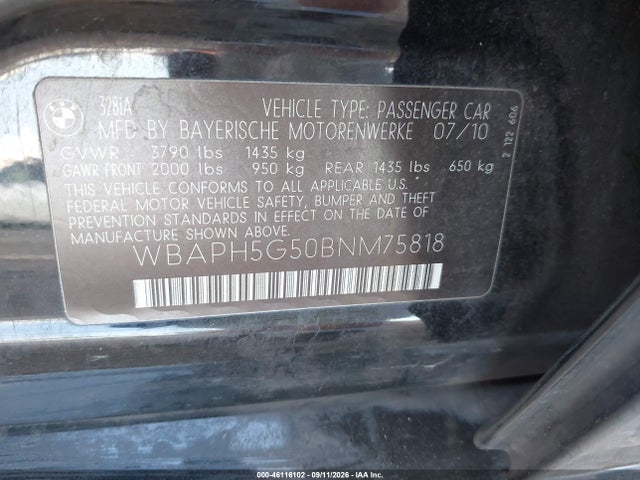 Aukcja sprzedaży 2011 Bmw 328i, vin: WBAPH5G50BNM75818, numer aukcji: 46116102