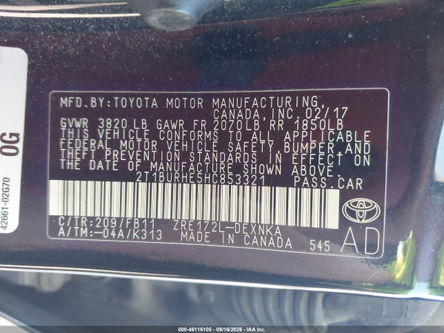 2017 Toyota Corolla Le მანქანა იყიდება აუქციონზე, vin: 2T1BURHE5HC853321, აუქციონის ნომერი: 46116105