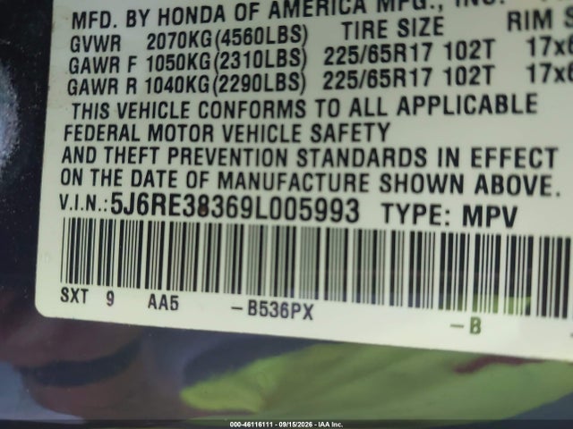 Продаж на аукціоні авто 2009 Honda Cr-v Lx, vin: 5J6RE38369L005993, номер лоту: 46116111