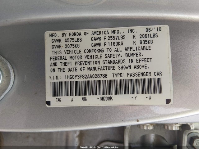 46116132 :رقم المزاد ، 1HGCP3F82AA028788 vin ، 2010 Honda Accord 3.5 Ex-l مزاد بيع