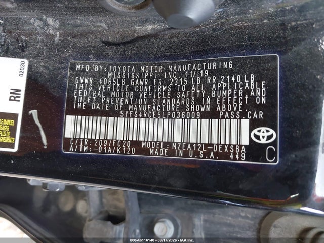 46116140 :رقم المزاد ، 5YFS4RCE5LP036009 vin ، 2020 Toyota Corolla Se مزاد بيع