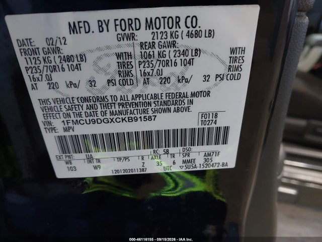 Aukcja sprzedaży 2012 Ford Escape Xlt, vin: 1FMCU9DGXCKB91587, numer aukcji: 46116155