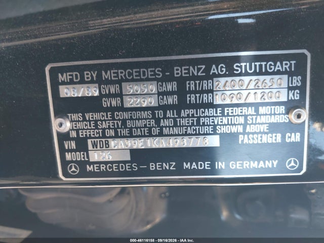 46116158 :رقم المزاد ، WDBCA39E1KA498778 vin ، 1989 Mercedes-benz 560 Sel مزاد بيع