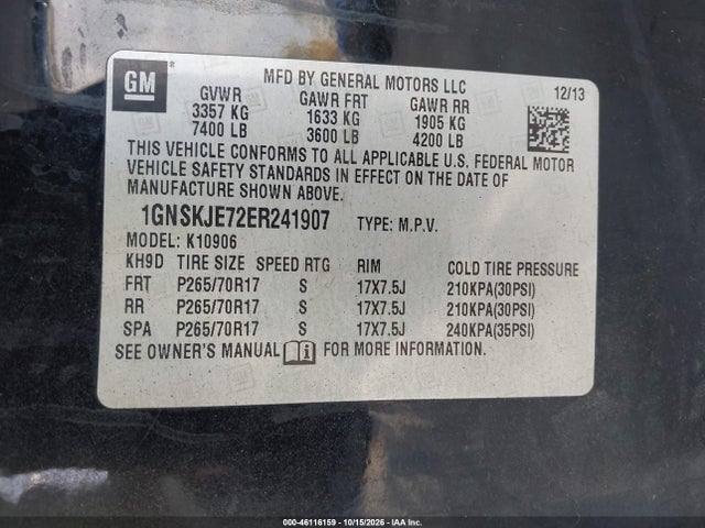 Продажа на аукционе авто 2014 Chevrolet Suburban 1500 Lt, vin: 1GNSKJE72ER241907, номер лота: 46116159