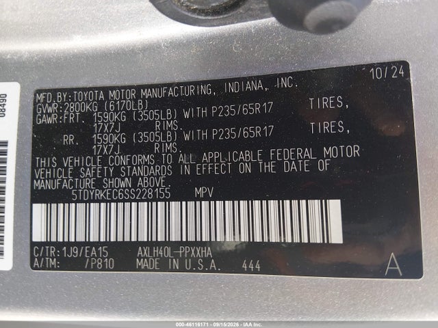 Продажа на аукционе авто 2025 Toyota Sienna, vin: 5TDYRKEC6SS228155, номер лота: 46116171