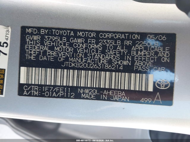 46116172 :رقم المزاد ، JTDKB20U263186214 vin ، 2006 Toyota Prius مزاد بيع
