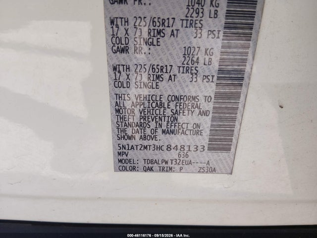 Aukcja sprzedaży 2017 Nissan Rogue S, vin: 5N1AT2MT3HC848133, numer aukcji: 46116176