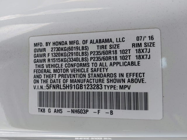 2016 Honda Odyssey Touring/touring Elite მანქანა იყიდება აუქციონზე, vin: 5FNRL5H91GB123283, აუქციონის ნომერი: 46116182