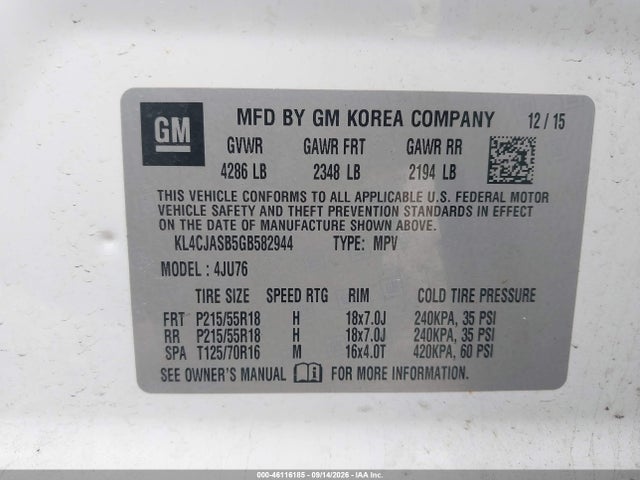 Продажа на аукционе авто 2016 Buick Encore, vin: KL4CJASB5GB582944, номер лота: 46116185