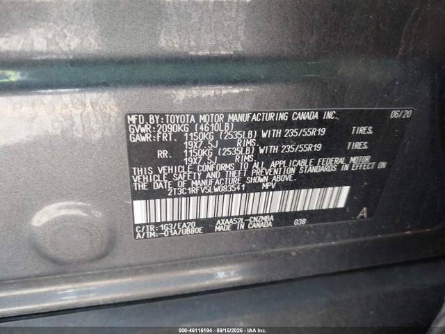 2020 Toyota Rav4 Xle Premium მანქანა იყიდება აუქციონზე, vin: 2T3C1RFV5LW083541, აუქციონის ნომერი: 46116194