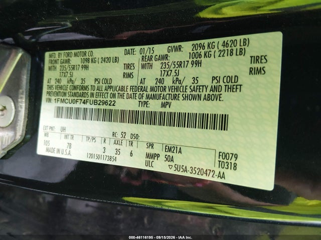 Ford ESCAPE S 2015 1FMCU0F74FUB29622 Image 9