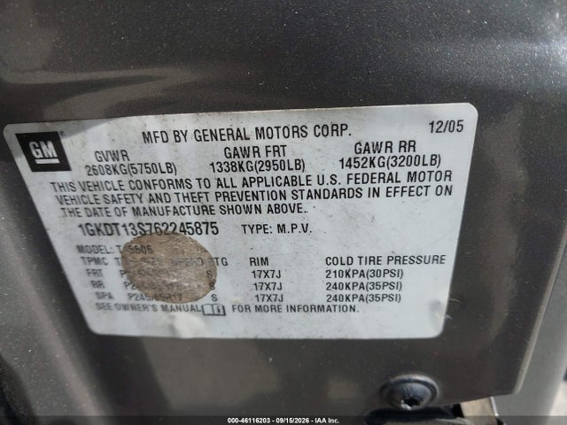 Продаж на аукціоні авто 2006 Gmc Envoy Slt, vin: 1GKDT13S762245875, номер лоту: 46116203