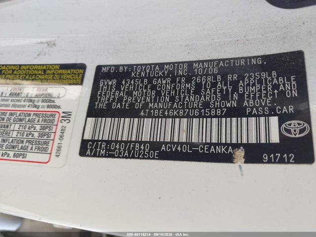 46116214 :رقم المزاد ، 4T1BE46K87U615887 vin ، 2007 Toyota Camry Le مزاد بيع