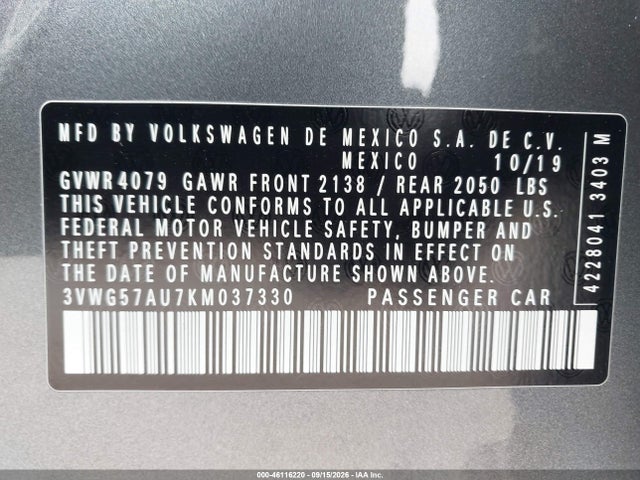 46116220 :رقم المزاد ، 3VWG57AU7KM037330 vin ، 2019 Volkswagen Golf 1.4t S/1.4t Se مزاد بيع