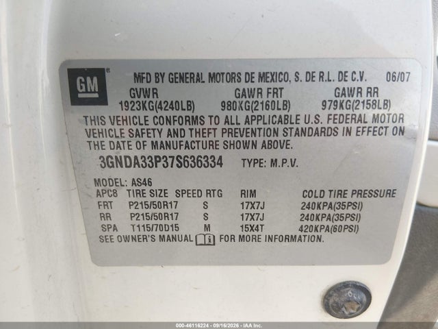 Aukcja sprzedaży 2007 Chevrolet Hhr Lt, vin: 3GNDA33P37S636334, numer aukcji: 46116224
