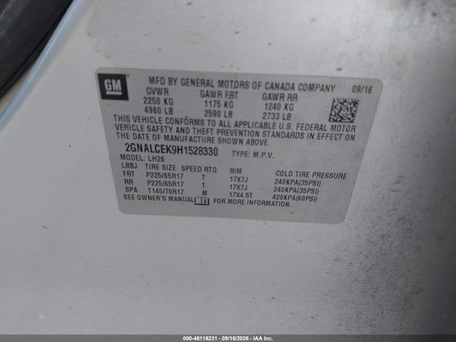 Продаж на аукціоні авто 2017 Chevrolet Equinox Lt, vin: 2GNALCEK9H1528330, номер лоту: 46116231