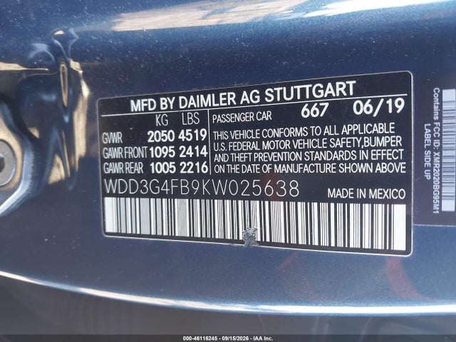 46116245 :رقم المزاد ، WDD3G4FB9KW025638 vin ، 2019 Mercedes-benz A 220 4matic مزاد بيع