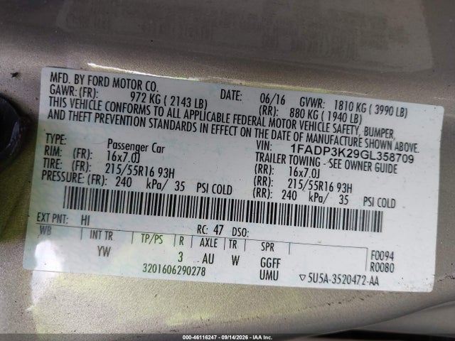 Продажа на аукционе авто 2016 Ford Focus Se, vin: 1FADP3K29GL358709, номер лота: 46116247