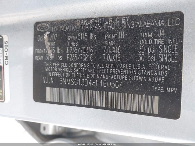 Aukcja sprzedaży 2008 Hyundai Santa Fe Gls, vin: 5NMSG13D48H160564, numer aukcji: 46116250