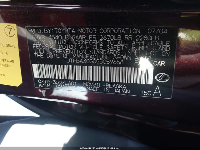 46116260 :رقم المزاد ، JTHBA30G055059658 vin ، 2005 Lexus Es 330 مزاد بيع