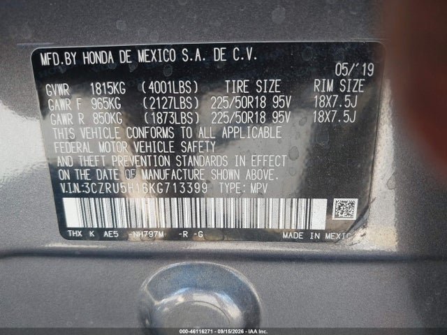 46116271 :رقم المزاد ، 3CZRU5H16KG713399 vin ، 2019 Honda Hr-v Sport مزاد بيع