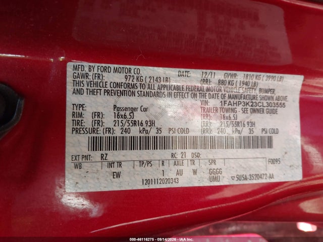 Продажа на аукционе авто 2012 Ford Focus Se, vin: 1FAHP3K23CL303555, номер лота: 46116275
