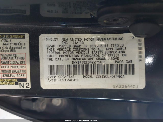 Aukcja sprzedaży 2004 Toyota Corolla Le, vin: 1NXBR32E54Z275611, numer aukcji: 46116276