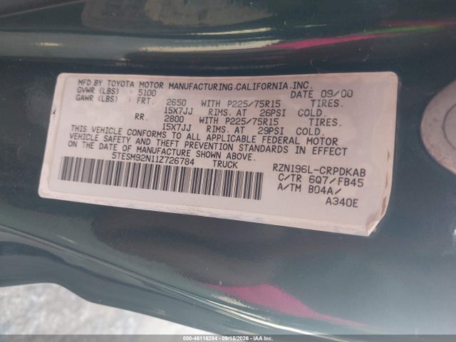 46116284 :رقم المزاد ، 5TESM92N11Z726784 vin ، 2001 Toyota Tacoma Prerunner مزاد بيع